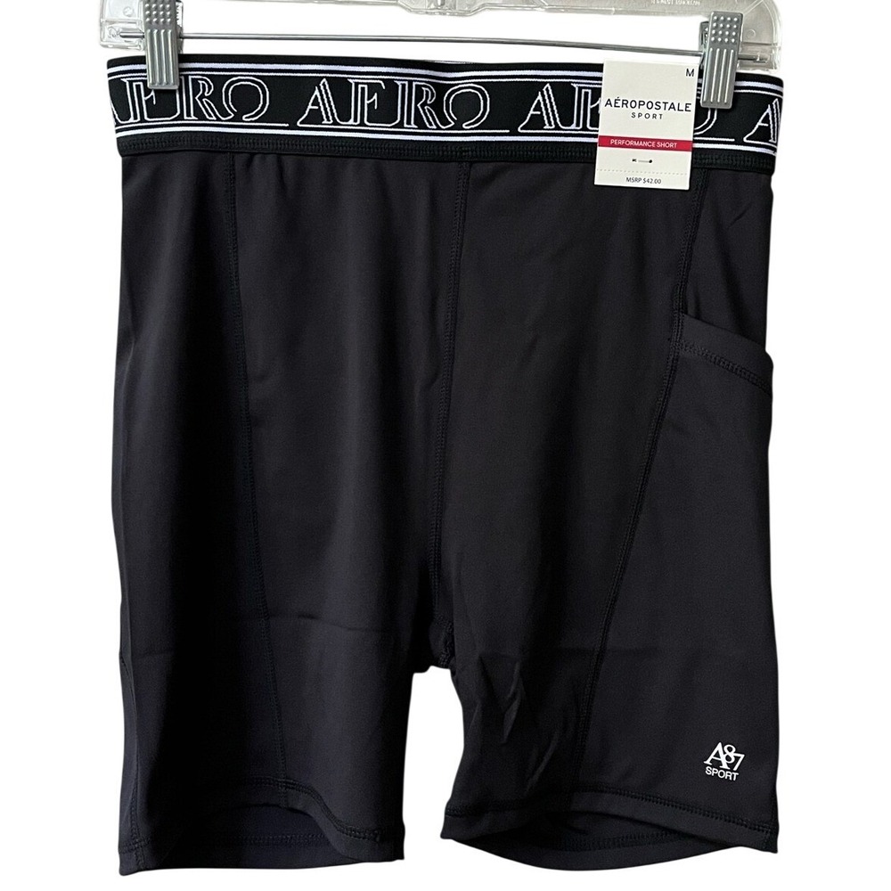 Aeropostale Sport Athletic Performance Short Logo Waistband Pocket Medium Black